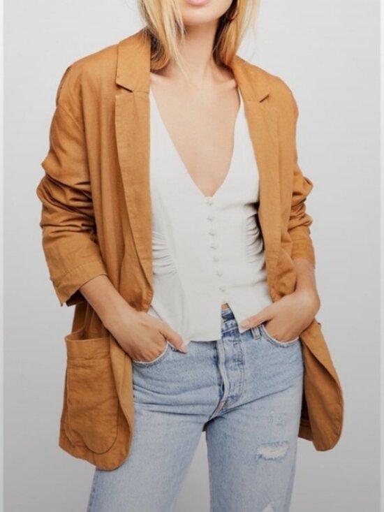 Free People Jackets & Blazers - Free People Linen Blend Slouchy Blazer L Tan Rust Oversized Single Button